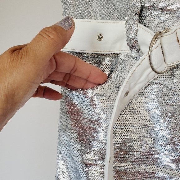 FINAL SALE Silver Sequin Belted Holiday Bling Cosplay NYE Mini Skirt - Picture 6 of 13